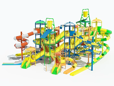 Colorful Water Playground Equipment With Multiple Slides Multi Level Platforms And Water Buckets 3d model