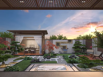 Serene Courtyard Garden With Wooden Pergola Stone Pathway Lush Greenery Water Feature And Sunset View 3d model