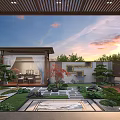 Serene Courtyard Garden With Wooden Pergola Stone Pathway Lush Greenery Water Feature And Sunset View