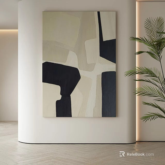Abstract Painting With Geometric Shapes In Neutral Tones For Indoor Wall Decor With Green Plant 3d model 