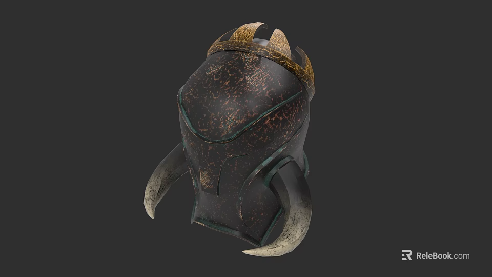 Ancient Fantasy Warrior Helmet With Dark Textured Surface And Gold Horned Accents 3d model 