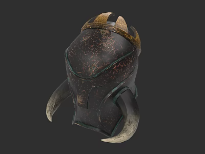 Ancient Fantasy Warrior Helmet With Dark Textured Surface And Gold Horned Accents 3d model