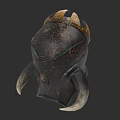 Ancient Fantasy Warrior Helmet With Dark Textured Surface And Gold Horned Accents