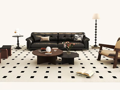 Modern Living Room Black Leather Sofa Coffee Table Set With Patterned Rug And Floor Lamp 3d model
