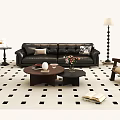 Modern Living Room Black Leather Sofa Coffee Table Set With Patterned Rug And Floor Lamp