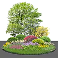 Colorful Garden Shrubs with Red Purple Yellow Flowers and Green Trees on Lush Lawn