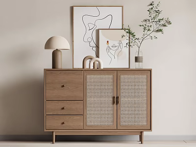 Wooden Decorative Cabinet With Drawers Rattan Doors Table Lamp Green Plant Artwork On Light Wall 3d model