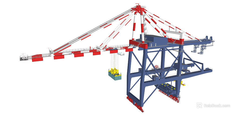 Industrial Container Crane with Blue Red Frame Structure and Yellow Cargo Lifting Gear for Port Logistics 3d model 