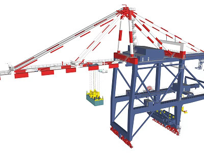 Industrial Container Crane with Blue Red Frame Structure and Yellow Cargo Lifting Gear for Port Logistics 3d model