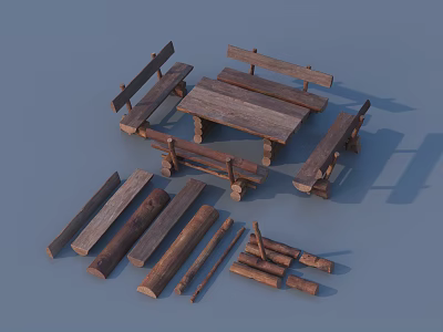Wooden Outdoor Chair And Table Set With Planks And Sticks 3d model