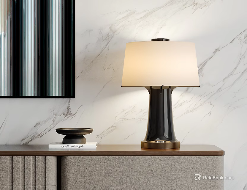 Modern Table Lamp With Black Base White Shade On Wooden Cabinet By Marble Wall 3d model 