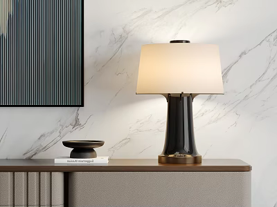 Modern Table Lamp With Black Base White Shade On Wooden Cabinet By Marble Wall 3d model