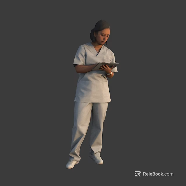Woman in White Uniform Standing and Holding Tablet to Check Information 3d model 