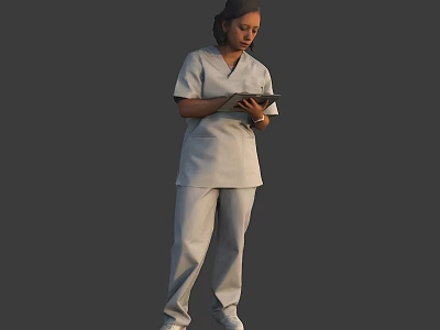 Woman in White Uniform Standing and Holding Tablet to Check Information 3d model