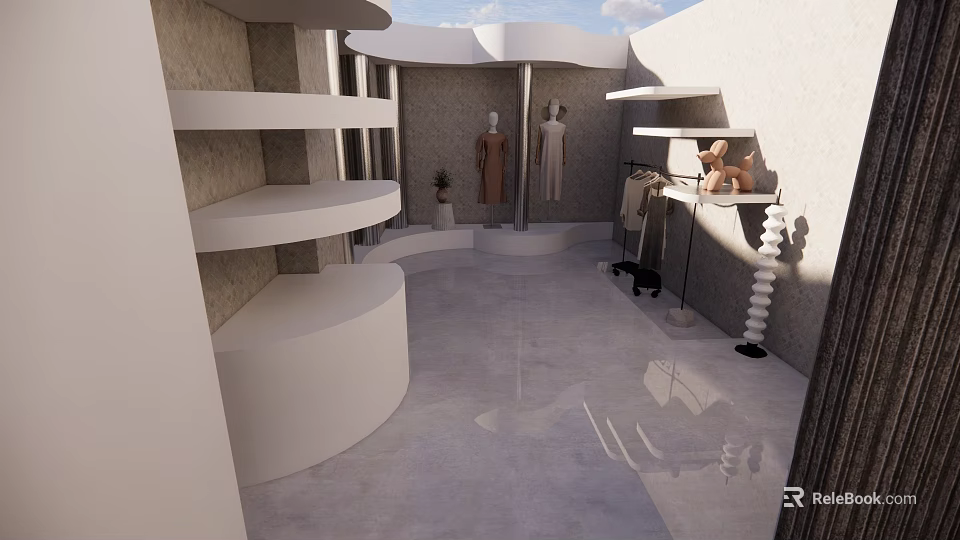 Modern Retail Display Space With White Shelves Mannequins And Circular Platforms 3d model 