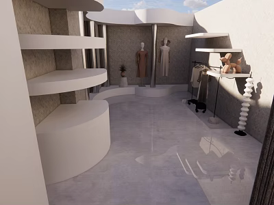 Modern Retail Display Space With White Shelves Mannequins And Circular Platforms 3d model
