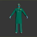Doctor Standing In Green Surgical Gown Cap With Blue Gloves And Stethoscope On Gray Background