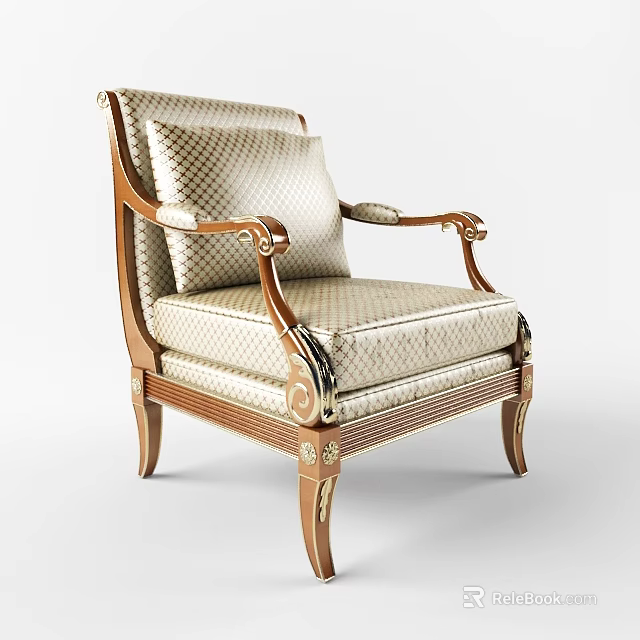 Classic Wooden Armchair With Carved Armrests Light Checkered Upholstered Seat And Backrest 3d model 