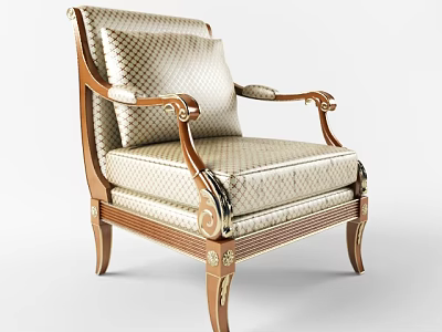 Classic Wooden Armchair With Carved Armrests Light Checkered Upholstered Seat And Backrest 3d model