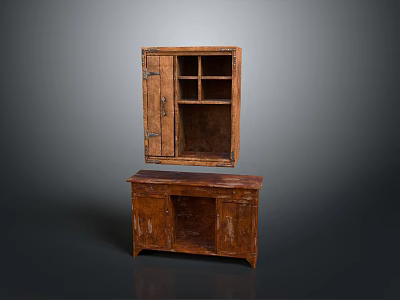 Vintage Wooden Cabinet Set With Glass Panel Door And Lower Storage Unit 3d model