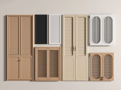 Various Style Doors With Louvered Panels Wooden Frames And Different Color Options 3d model