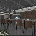Contemporary Restaurant Interior Design With Wooden Tables Brown Chairs Warm Lights And Decorative Bookshelf Wall