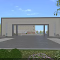 Modern Main Entrance Building with Open Square Green Shrubs and Blue Sky