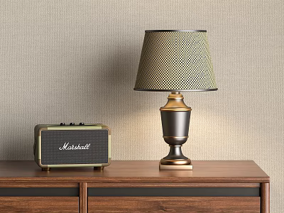 Vintage Table Lamp With Marshall Speaker On Wooden Cabinet And Beige Wall 3d model
