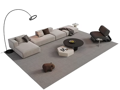 Modern L shaped Sofa Coffee Table Set With Floor Lamp And Decorative Pillows 3d model
