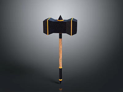 Black And Yellow Geometric Head Hammer With Wooden Handle And Spiked Top 3d model