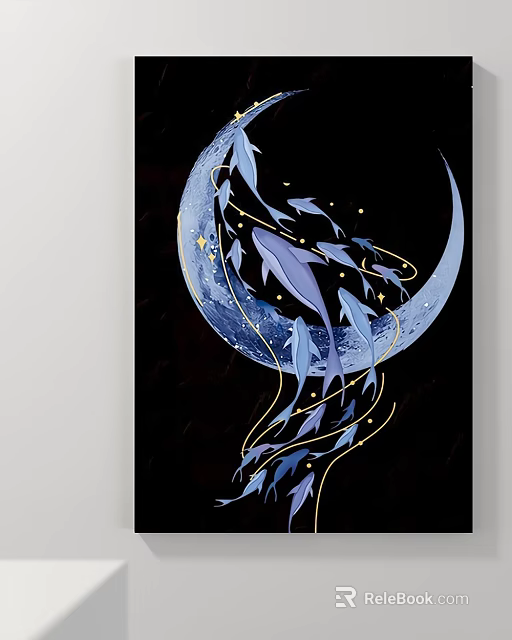 Night Landscape Painting With Blue Crescent Moon Swimming Fish And Golden Stars 3d model 