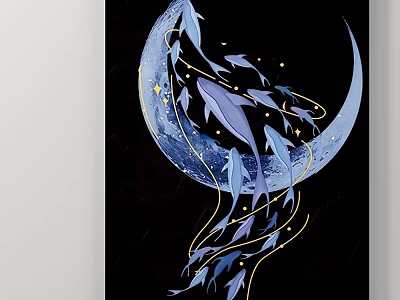 Night Landscape Painting With Blue Crescent Moon Swimming Fish And Golden Stars 3d model