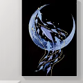 Night Landscape Painting With Blue Crescent Moon Swimming Fish And Golden Stars