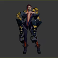 Purple Haired Fantasy Character With Biomechanical Arms Dark Outfit Yellow Red Accents
