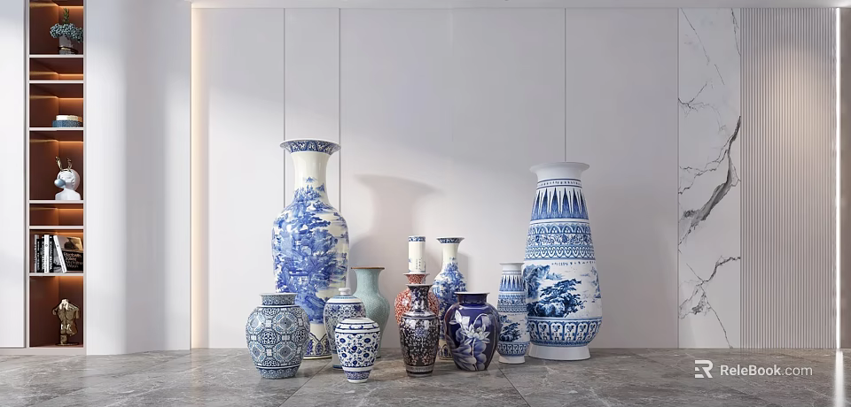 Blue and White Decorative Ceramic Vases with Various Patterns and Different Sizes 3d model