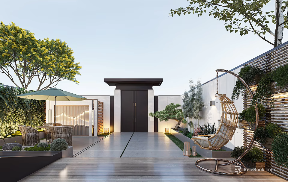 Modern Garden Landscape Featuring Wooden Walkway Black Door Green Plants Trees And Wicker Hanging Chair 3d model 