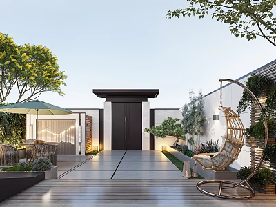 Modern Garden Landscape Featuring Wooden Walkway Black Door Green Plants Trees And Wicker Hanging Chair 3d model