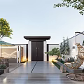 Modern Garden Landscape Featuring Wooden Walkway Black Door Green Plants Trees And Wicker Hanging Chair
