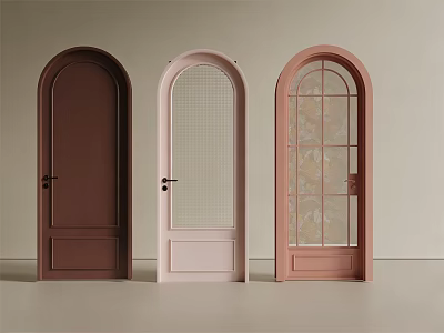 Stylish Hinged Doors Featuring Brown Solid Pink Mesh And Rose Patterned Glass Arched Top 3d model