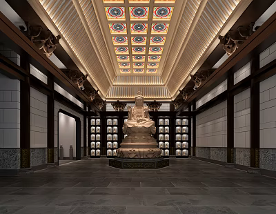 Traditional Religious Worship Hall Featuring Large Buddha Statue Symmetrical Lattice Windows And Colorful Ceiling Patterns 3d model