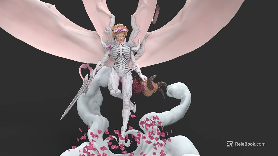 Game Movie Character Skeleton With Pink Wings Holding Sword On Cloud Base And Petals 3d model 