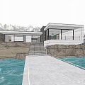Cliffside Detached Villa with Stone Walls Large Windows and Pine Trees Near Waterfront