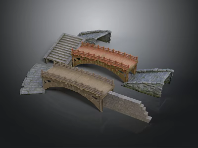 Traditional Architectural Bridges Featuring Stone Steps Wooden Arch And Railing Details 3d model