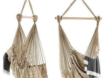 Natural Woven Hanging Chair Design With Cozy Blanket And Fringe Details 3d model