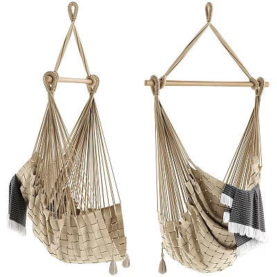 Natural Woven Hanging Chair Design With Cozy Blanket And Fringe Details 3d model