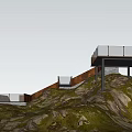 Modern Hillside House Exterior With Open Terrace And Lush Greenery