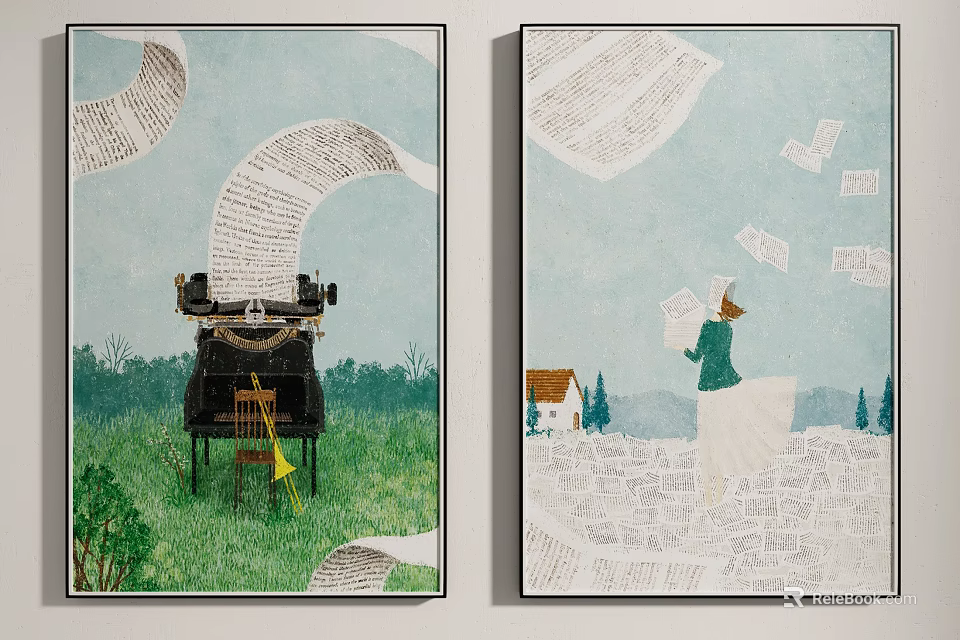 Vintage Typewriter With Floating Papers In Green Grass And Trees Person Collecting Near Small House 3d model 
