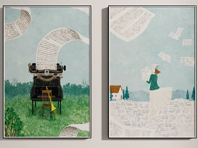 Vintage Typewriter With Floating Papers In Green Grass And Trees Person Collecting Near Small House 3d model