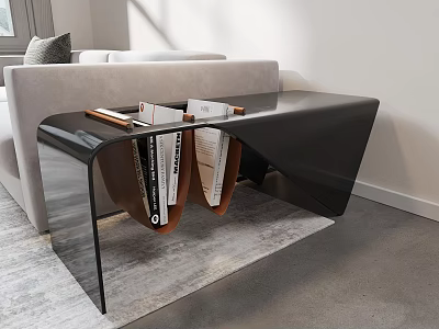 Modern Black Glass Side Table With Books And Decor Near Sofa Living Room 3d model