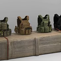 Tactical Military Vests In Four Colors Placed On Wooden Crate